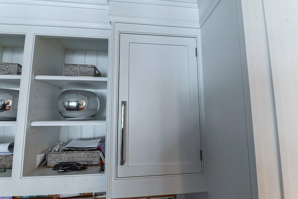 “The Clarendon” Transitional White & Grey Kitchen with Island and Wolf Appliances