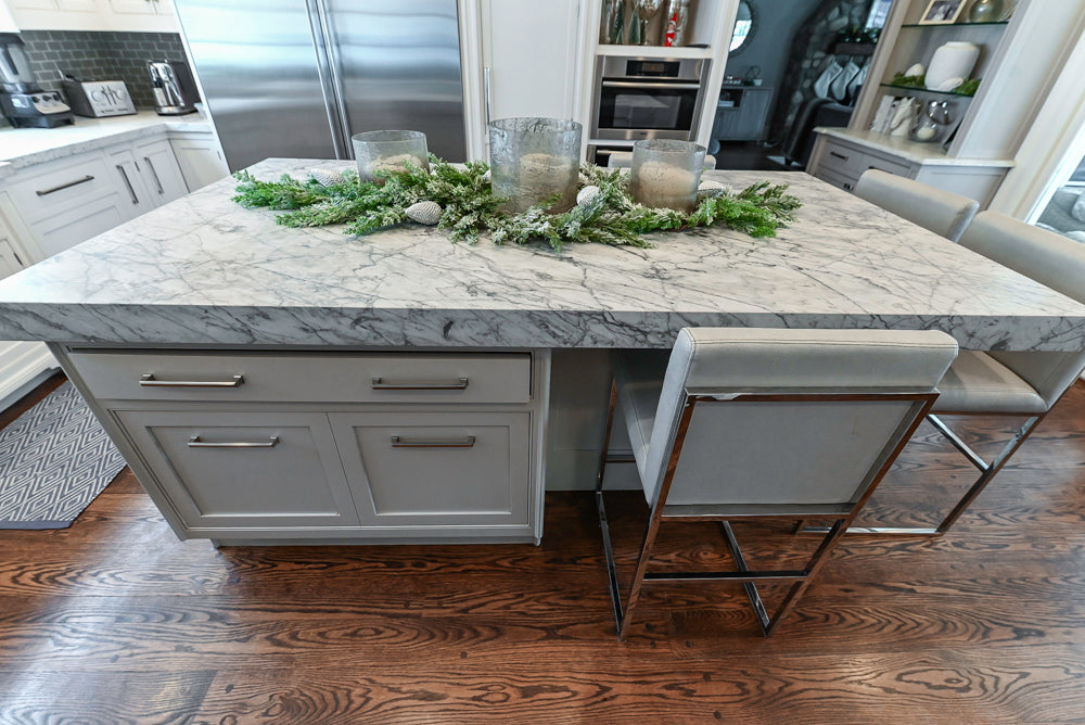 “The Clarendon” Transitional White & Grey Kitchen with Island and Wolf Appliances