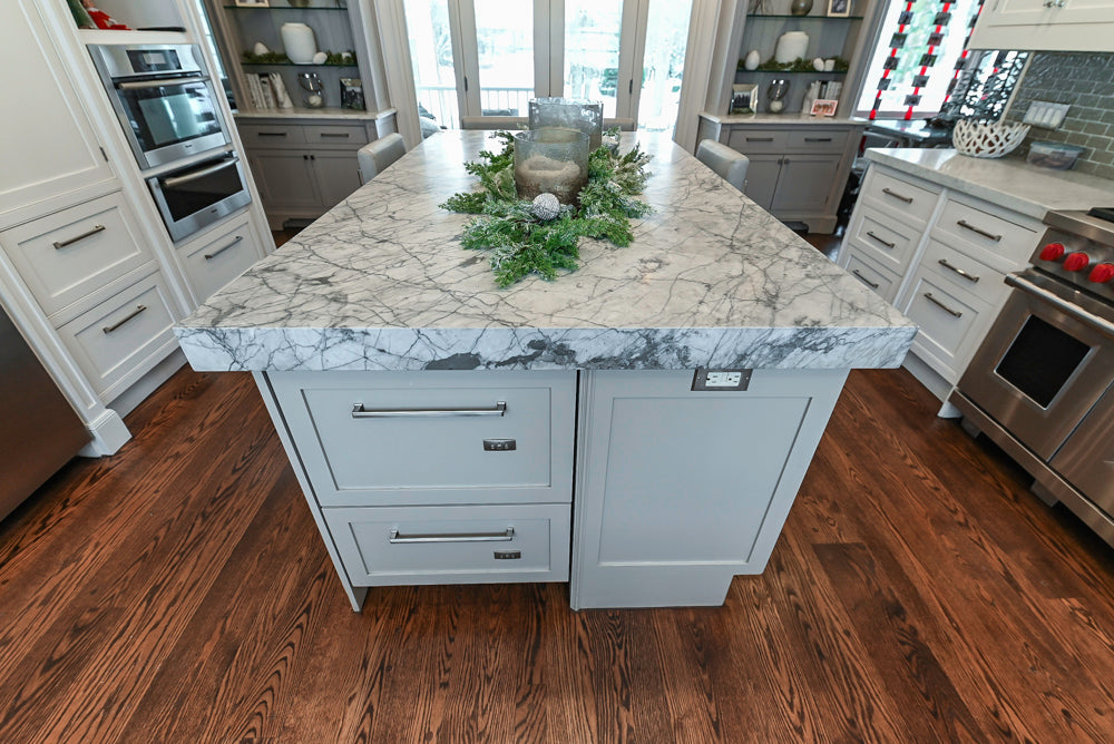 “The Clarendon” Transitional White & Grey Kitchen with Island and Wolf Appliances