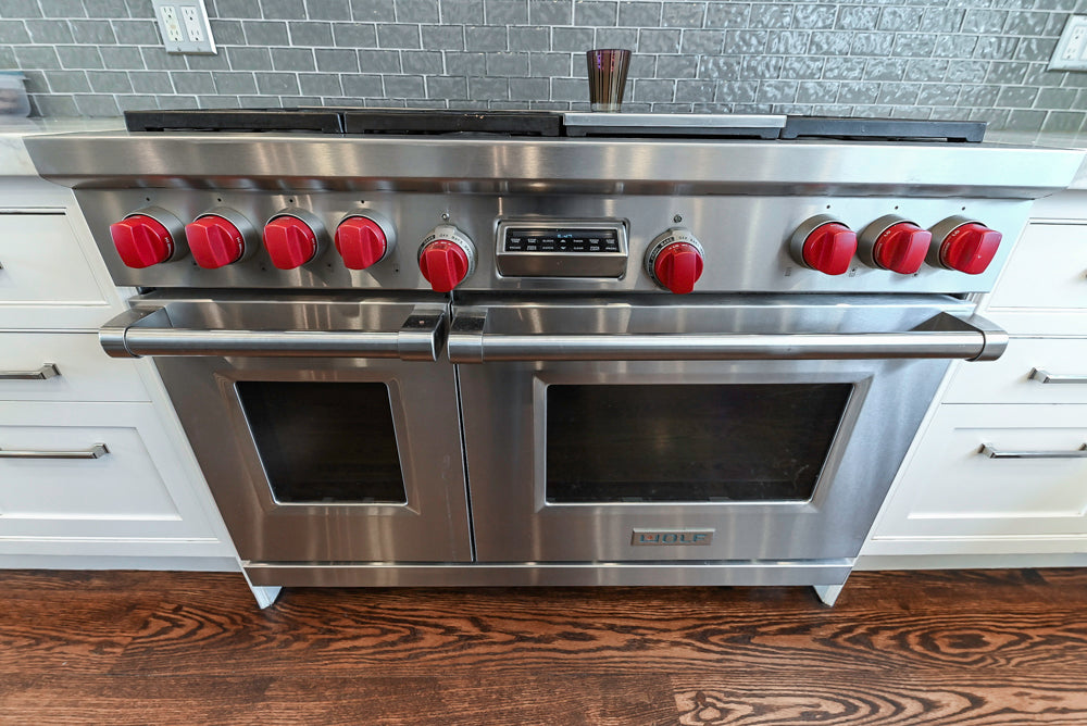 “The Clarendon” Transitional White & Grey Kitchen with Island and Wolf Appliances