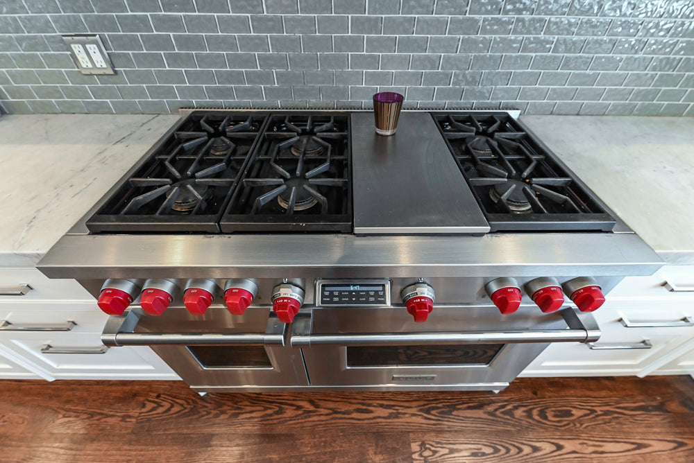 “The Clarendon” Transitional White & Grey Kitchen with Island and Wolf Appliances