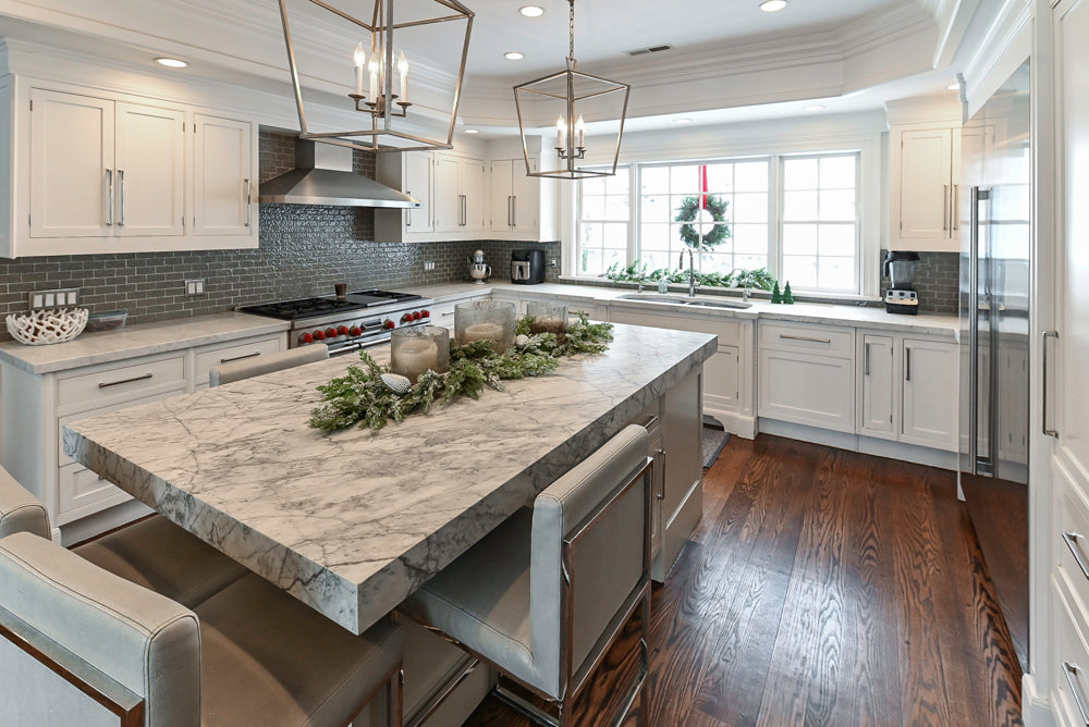 “The Clarendon” Transitional White & Grey Kitchen with Island and Wolf Appliances