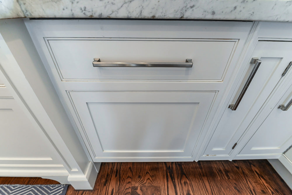 “The Clarendon” Transitional White & Grey Kitchen with Island and Wolf Appliances