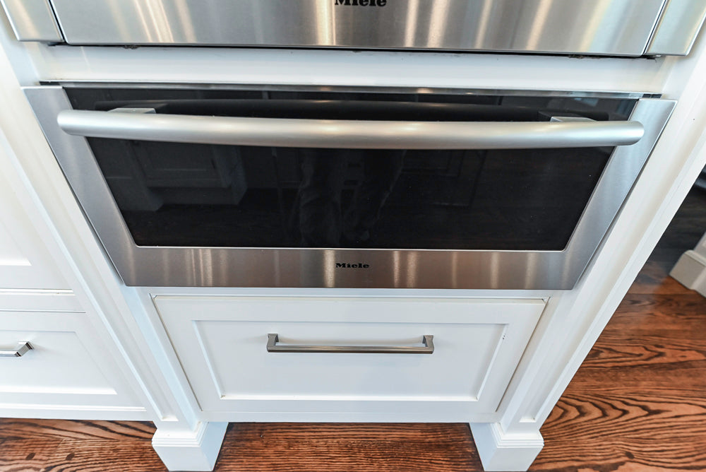 “The Clarendon” Transitional White & Grey Kitchen with Island and Wolf Appliances