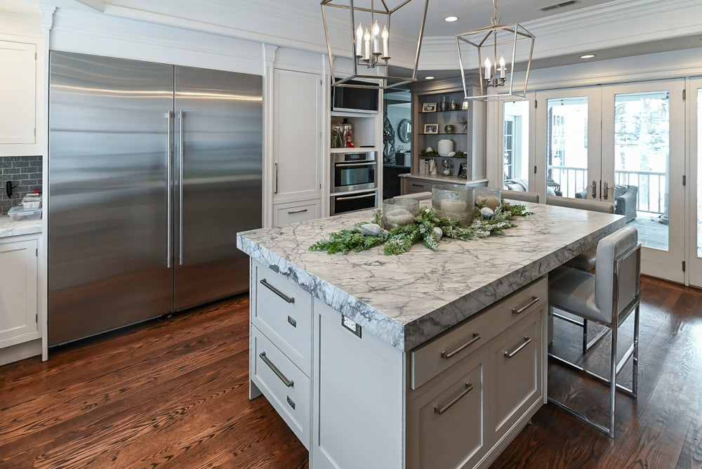 “The Clarendon” Transitional White & Grey Kitchen with Island and Wolf Appliances
