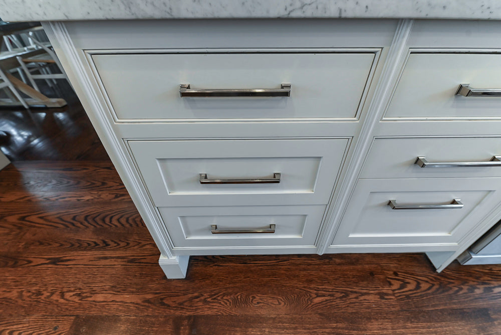 “The Clarendon” Transitional White & Grey Kitchen with Island and Wolf Appliances