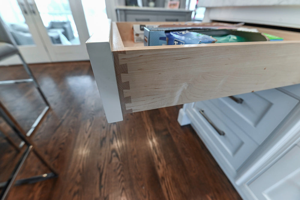 “The Clarendon” Transitional White & Grey Kitchen with Island and Wolf Appliances