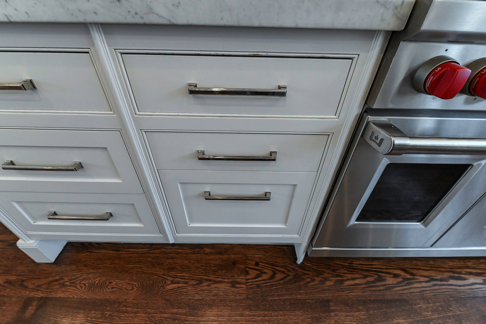 “The Clarendon” Transitional White & Grey Kitchen with Island and Wolf Appliances