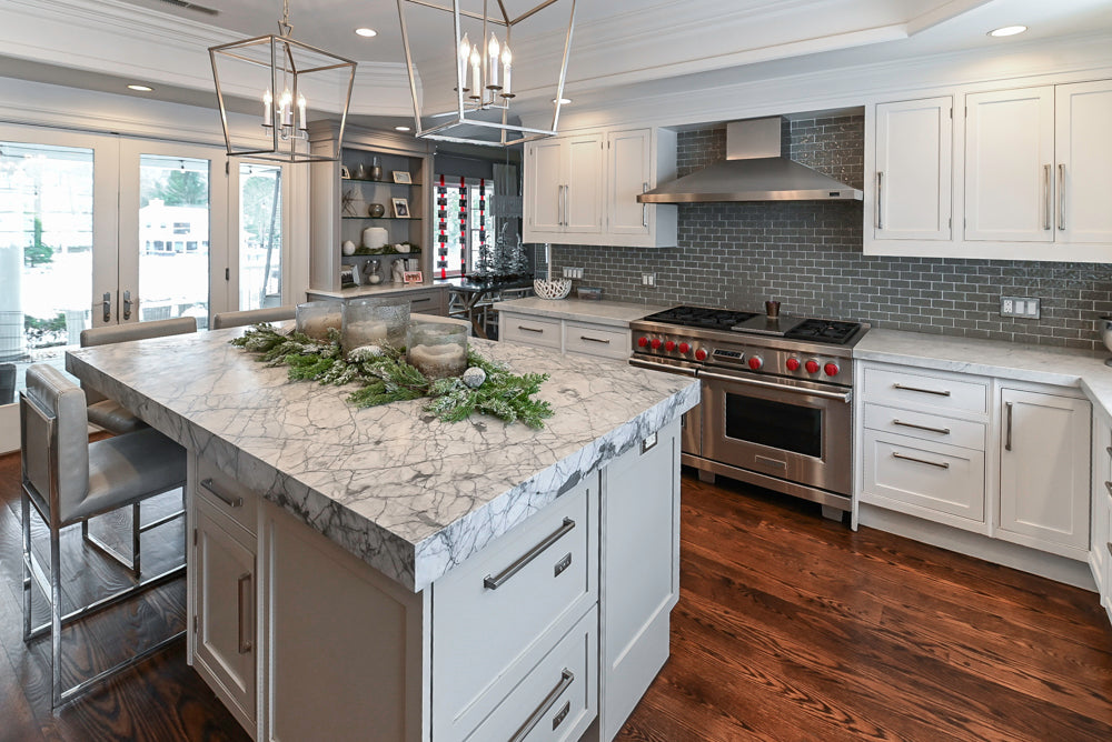 “The Clarendon” Transitional White & Grey Kitchen with Island and Wolf Appliances