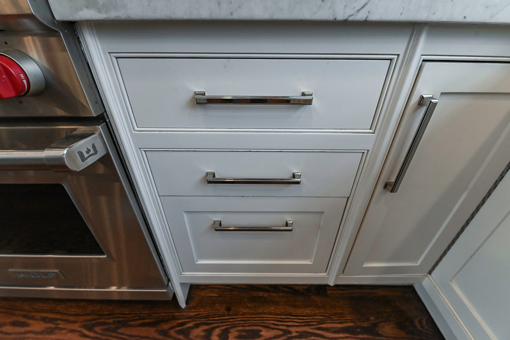 “The Clarendon” Transitional White & Grey Kitchen with Island and Wolf Appliances