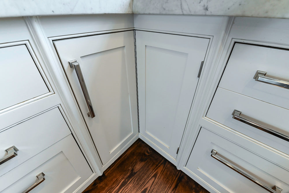 “The Clarendon” Transitional White & Grey Kitchen with Island and Wolf Appliances