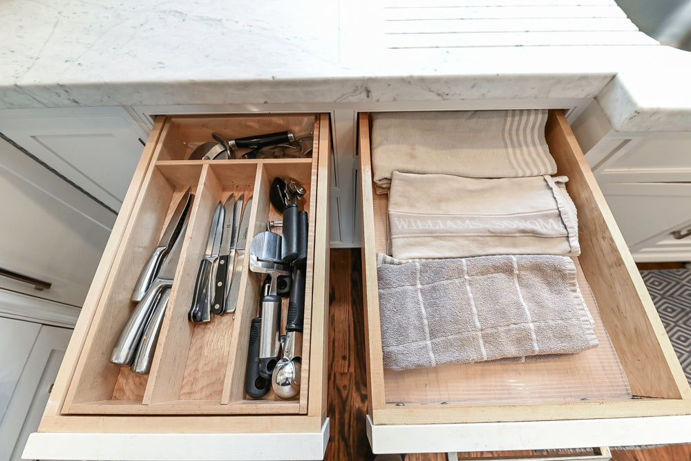 “The Clarendon” Transitional White & Grey Kitchen with Island and Wolf Appliances