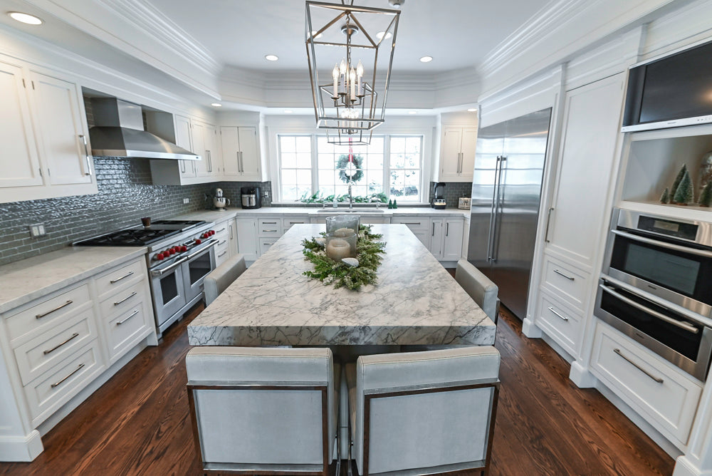 “The Clarendon” Transitional White & Grey Kitchen with Island and Wolf Appliances