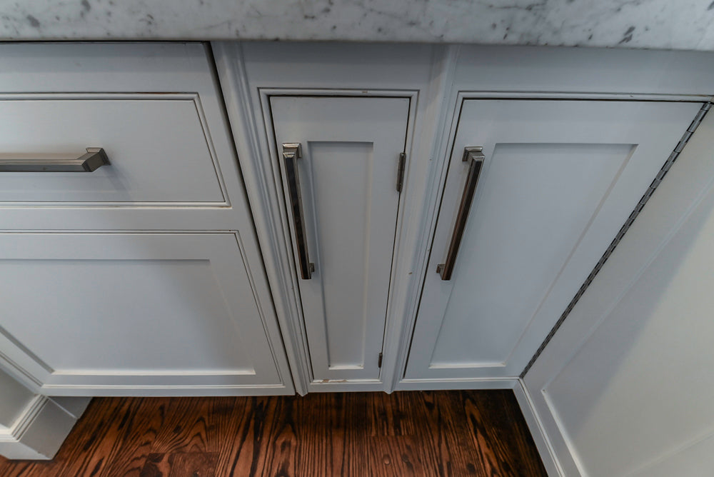 “The Clarendon” Transitional White & Grey Kitchen with Island and Wolf Appliances
