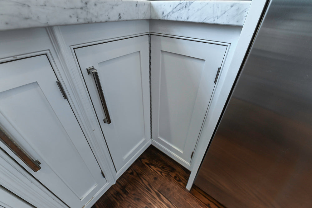 “The Clarendon” Transitional White & Grey Kitchen with Island and Wolf Appliances