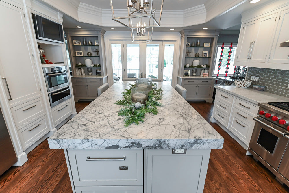“The Clarendon” Transitional White & Grey Kitchen with Island and Wolf Appliances