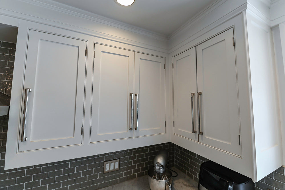 “The Clarendon” Transitional White & Grey Kitchen with Island and Wolf Appliances