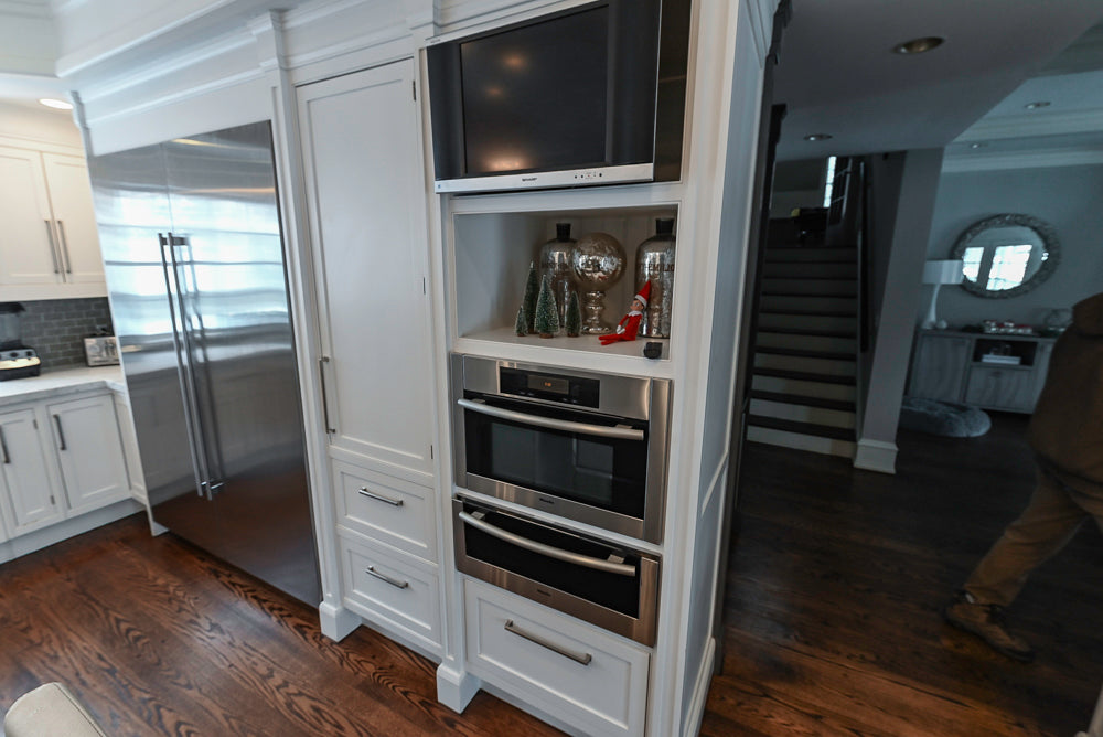 “The Clarendon” Transitional White & Grey Kitchen with Island and Wolf Appliances
