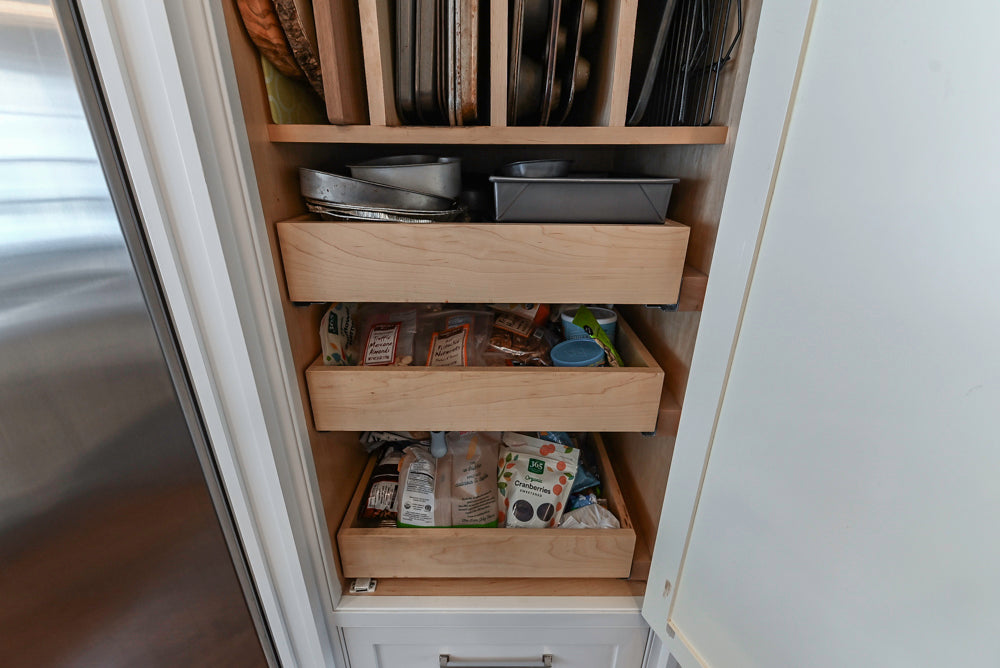 “The Clarendon” Transitional White & Grey Kitchen with Island and Wolf Appliances