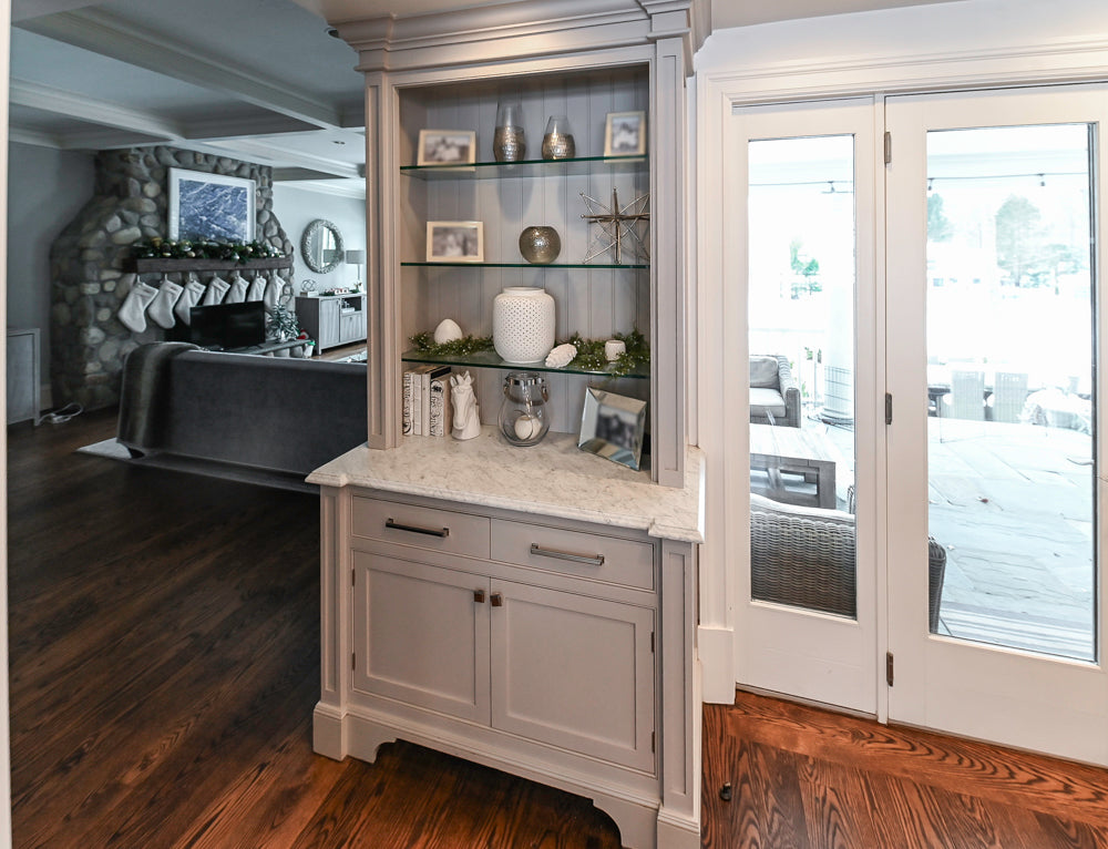 “The Clarendon” Transitional White & Grey Kitchen with Island and Wolf Appliances