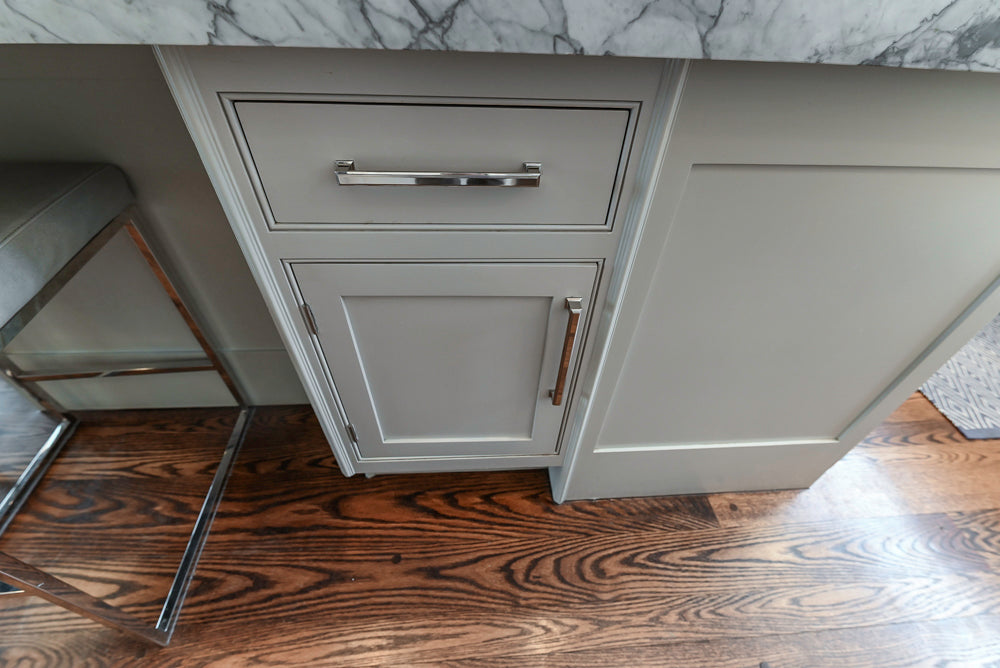 “The Clarendon” Transitional White & Grey Kitchen with Island and Wolf Appliances