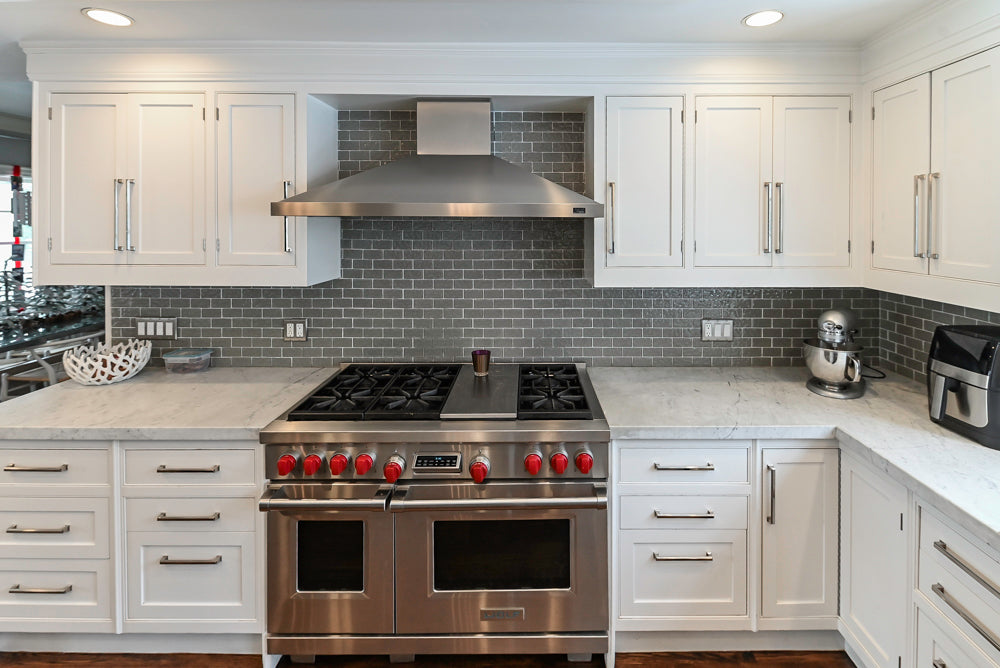 “The Clarendon” Transitional White & Grey Kitchen with Island and Wolf Appliances