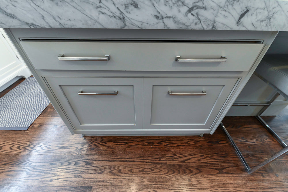 “The Clarendon” Transitional White & Grey Kitchen with Island and Wolf Appliances