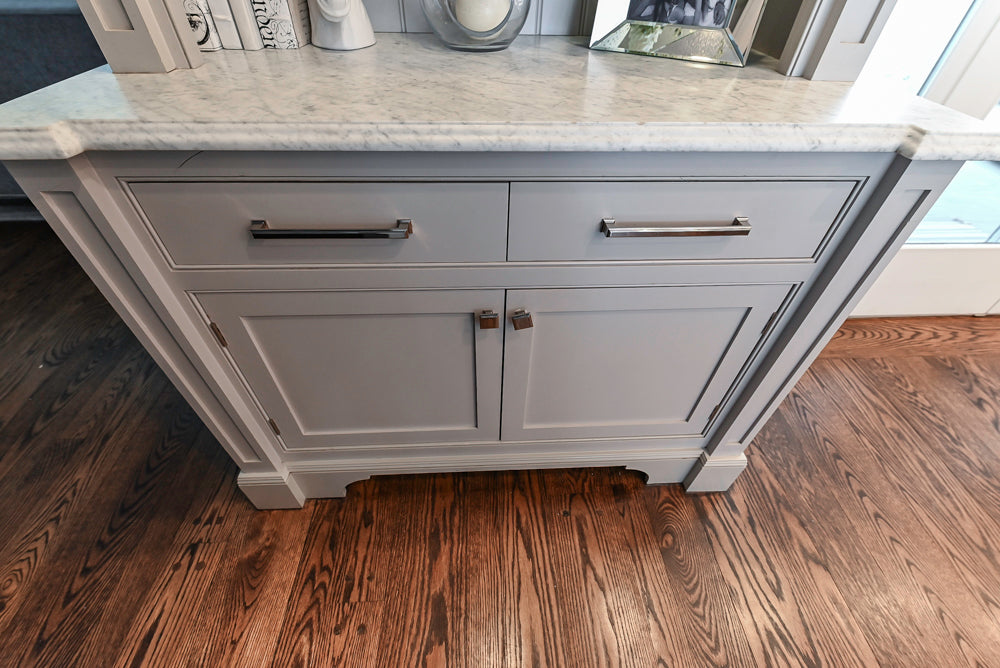 “The Clarendon” Transitional White & Grey Kitchen with Island and Wolf Appliances