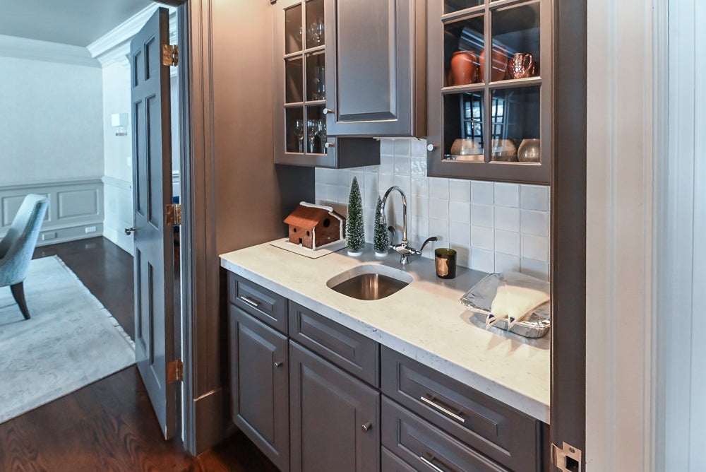 Custom Transitional Dark Grey Butler's Pantry with White Marble Countertops and Sink