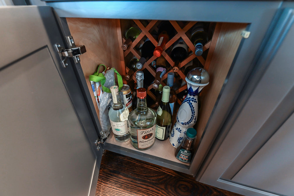 Custom Transitional Dark Grey Butler's Pantry with White Marble Countertops and Sink