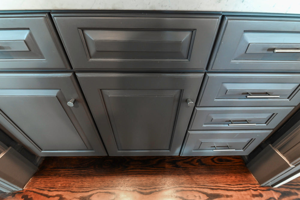 Custom Transitional Dark Grey Butler's Pantry with White Marble Countertops and Sink
