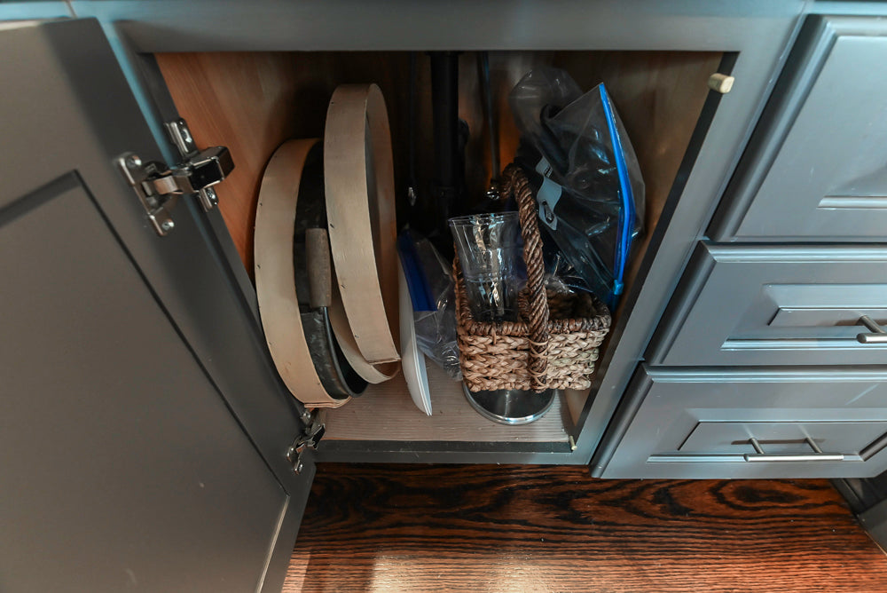 Custom Transitional Dark Grey Butler's Pantry with White Marble Countertops and Sink