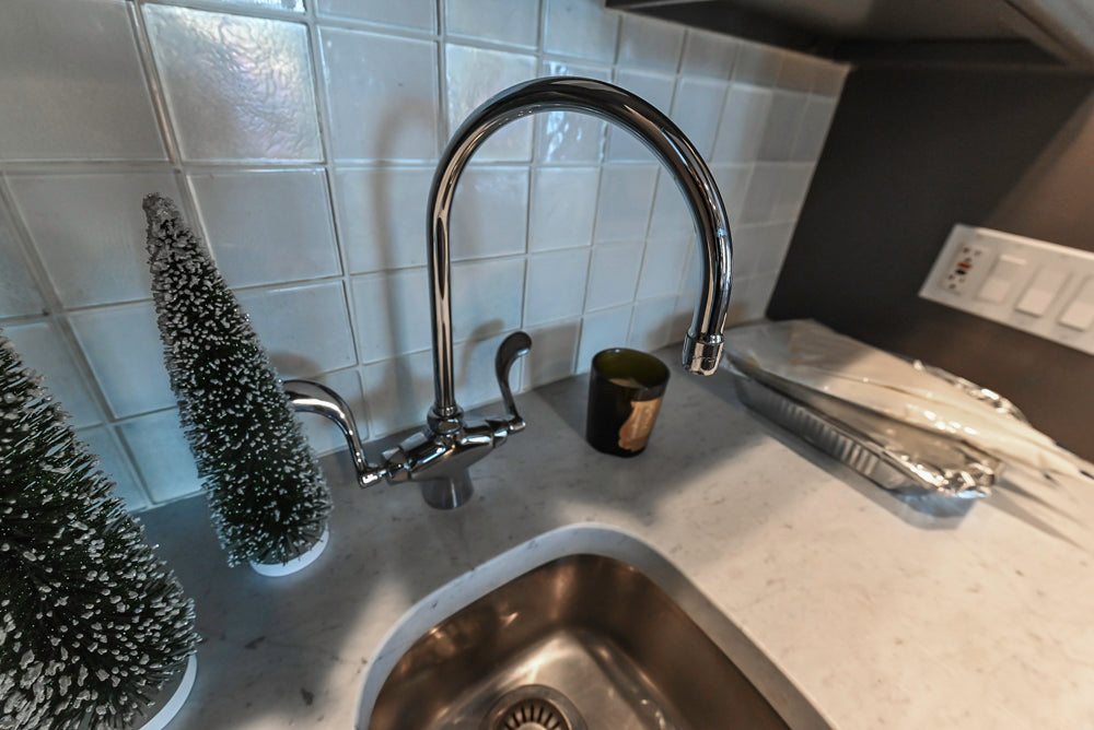 Custom Transitional Dark Grey Butler's Pantry with White Marble Countertops and Sink