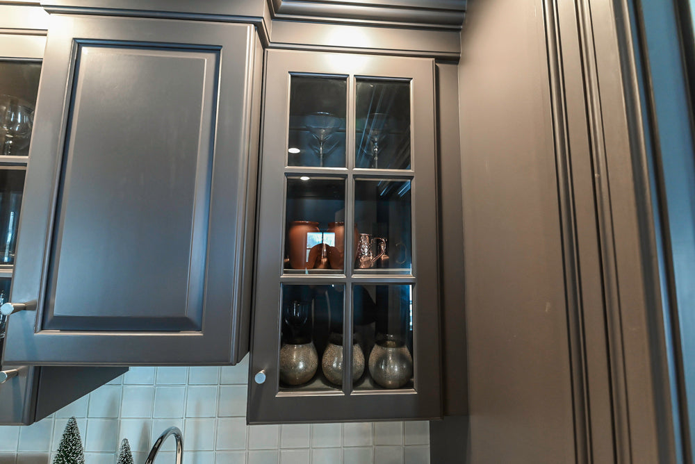 Custom Transitional Dark Grey Butler's Pantry with White Marble Countertops and Sink