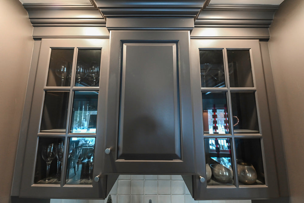 Custom Transitional Dark Grey Butler's Pantry with White Marble Countertops and Sink