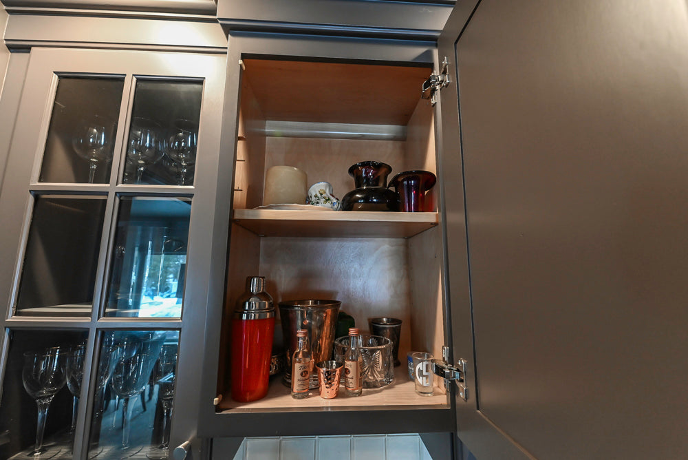 Custom Transitional Dark Grey Butler's Pantry with White Marble Countertops and Sink