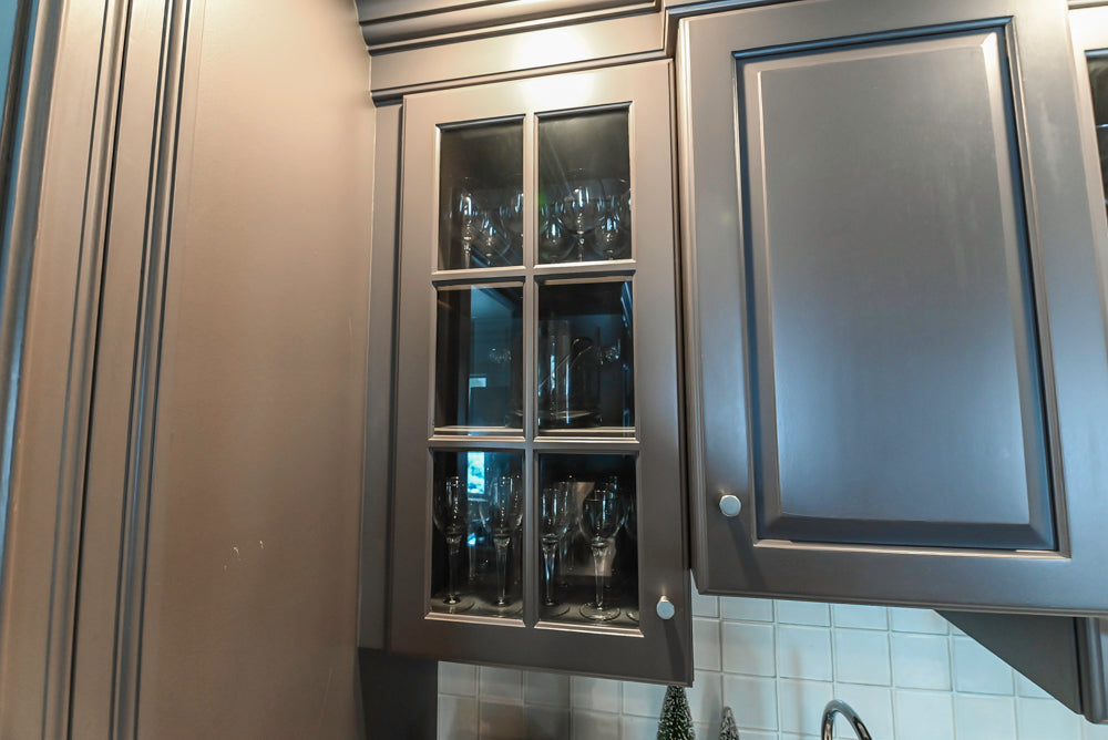 Custom Transitional Dark Grey Butler's Pantry with White Marble Countertops and Sink