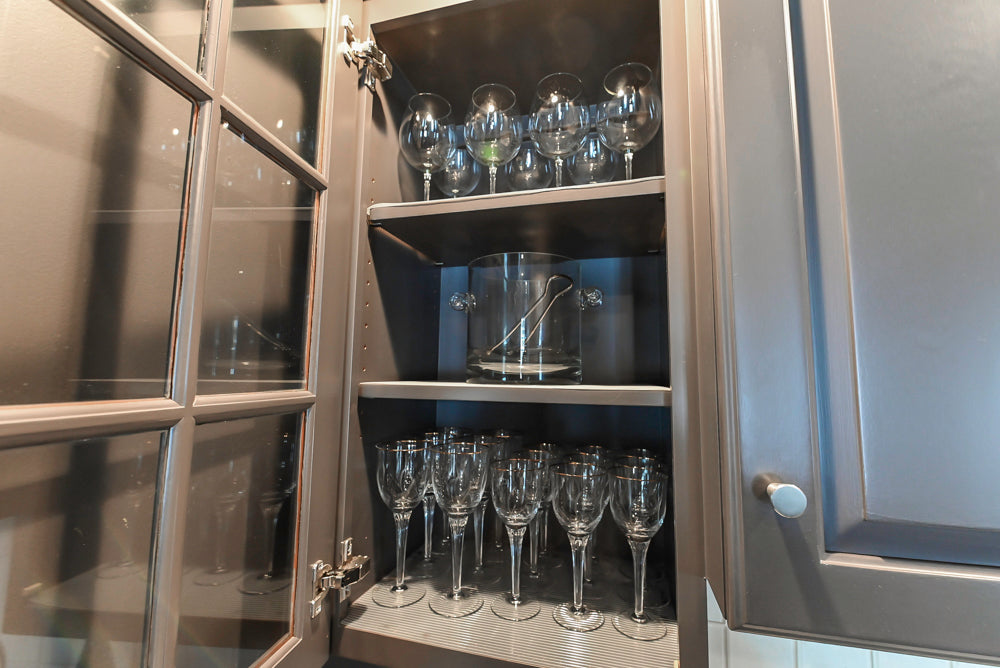 Custom Transitional Dark Grey Butler's Pantry with White Marble Countertops and Sink