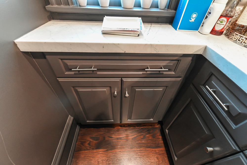 Custom Transitional Dark Grey Butler's Pantry with White Marble Countertops and Sink