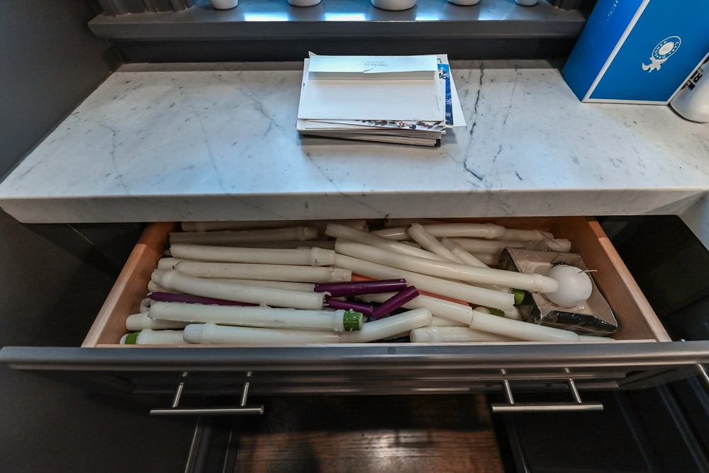 Custom Transitional Dark Grey Butler's Pantry with White Marble Countertops and Sink