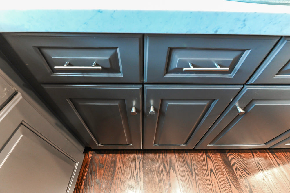 Custom Transitional Dark Grey Butler's Pantry with White Marble Countertops and Sink