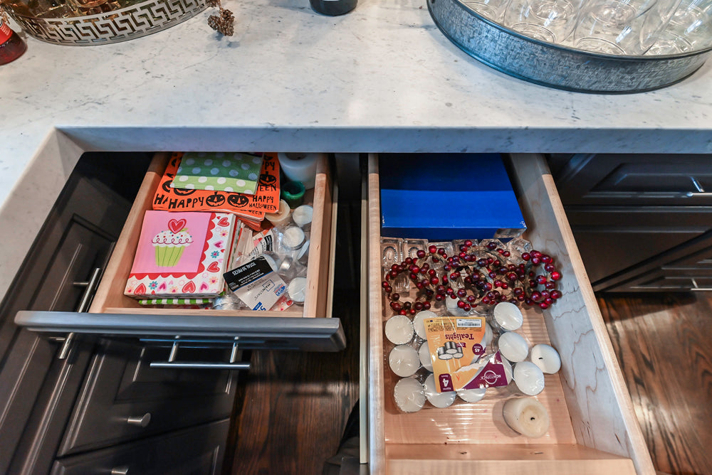 Custom Transitional Dark Grey Butler's Pantry with White Marble Countertops and Sink