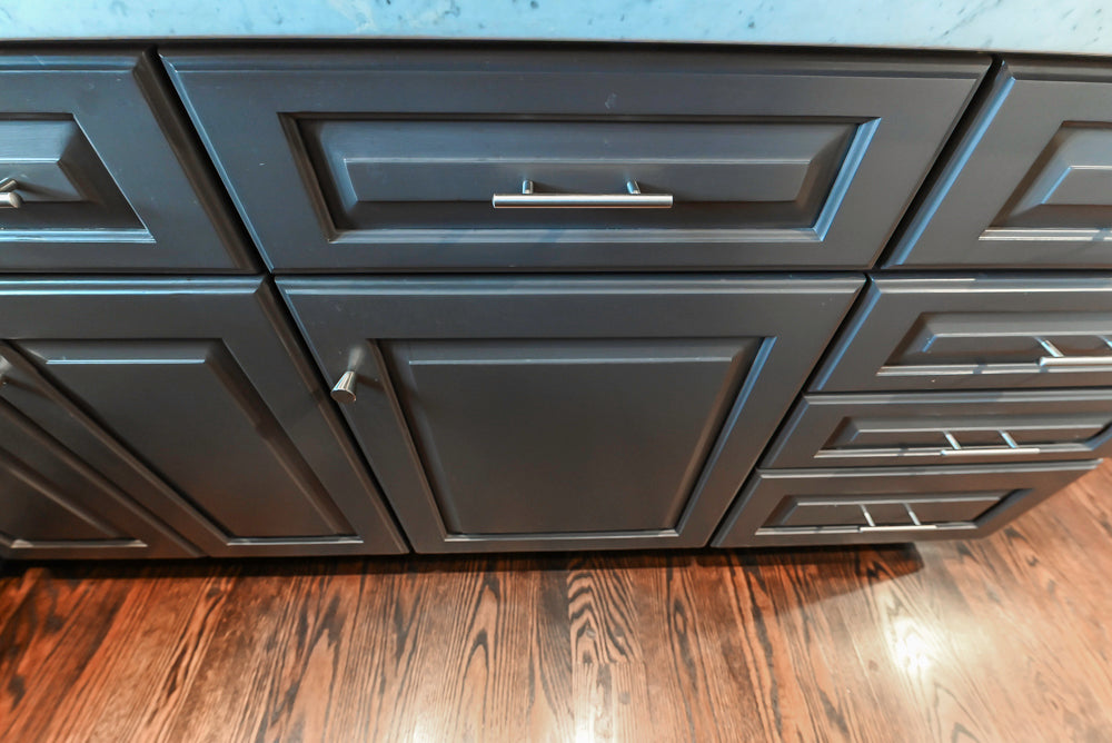 Custom Transitional Dark Grey Butler's Pantry with White Marble Countertops and Sink