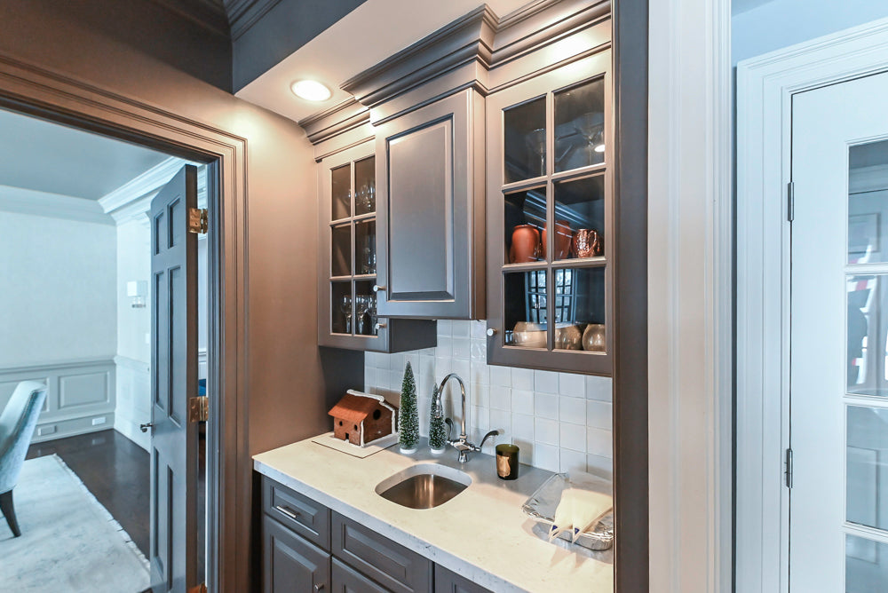 Custom Transitional Dark Grey Butler's Pantry with White Marble Countertops and Sink