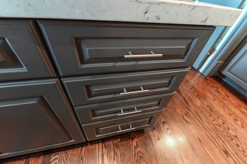 Custom Transitional Dark Grey Butler's Pantry with White Marble Countertops and Sink