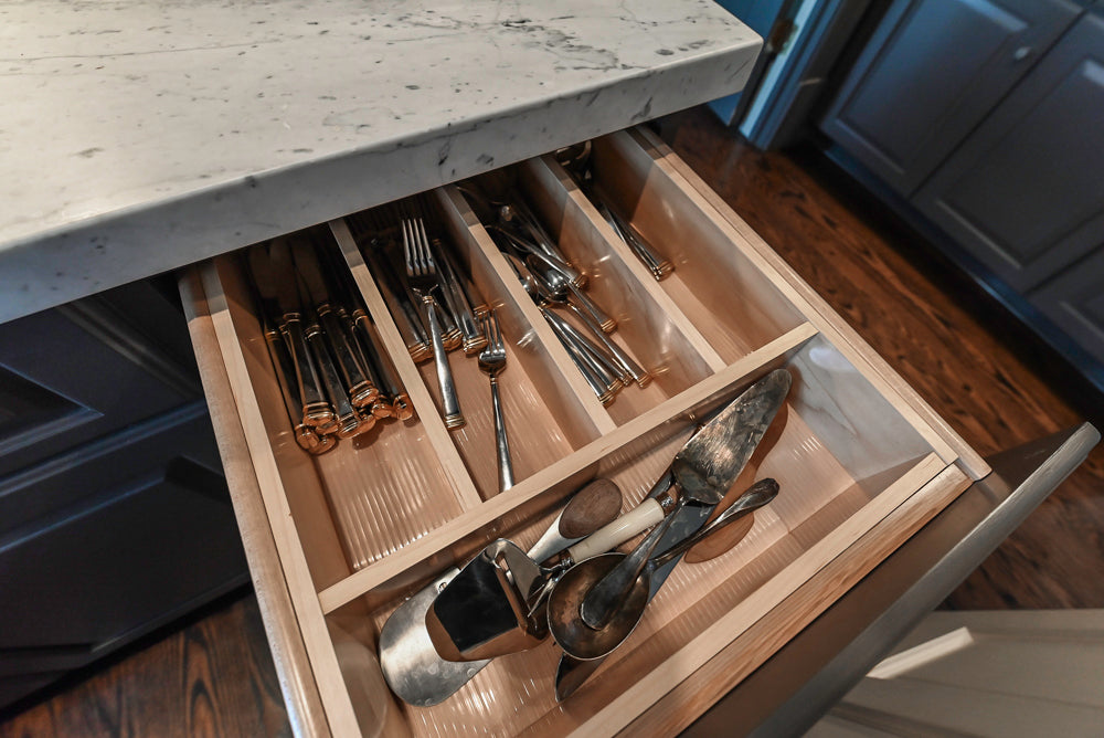 Custom Transitional Dark Grey Butler's Pantry with White Marble Countertops and Sink