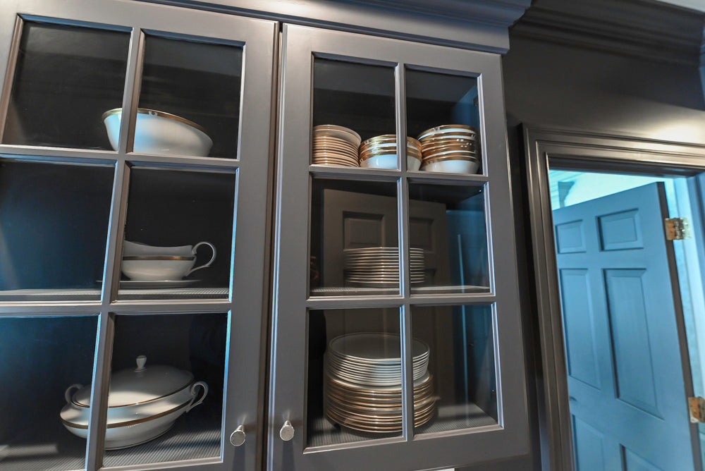 Custom Transitional Dark Grey Butler's Pantry with White Marble Countertops and Sink