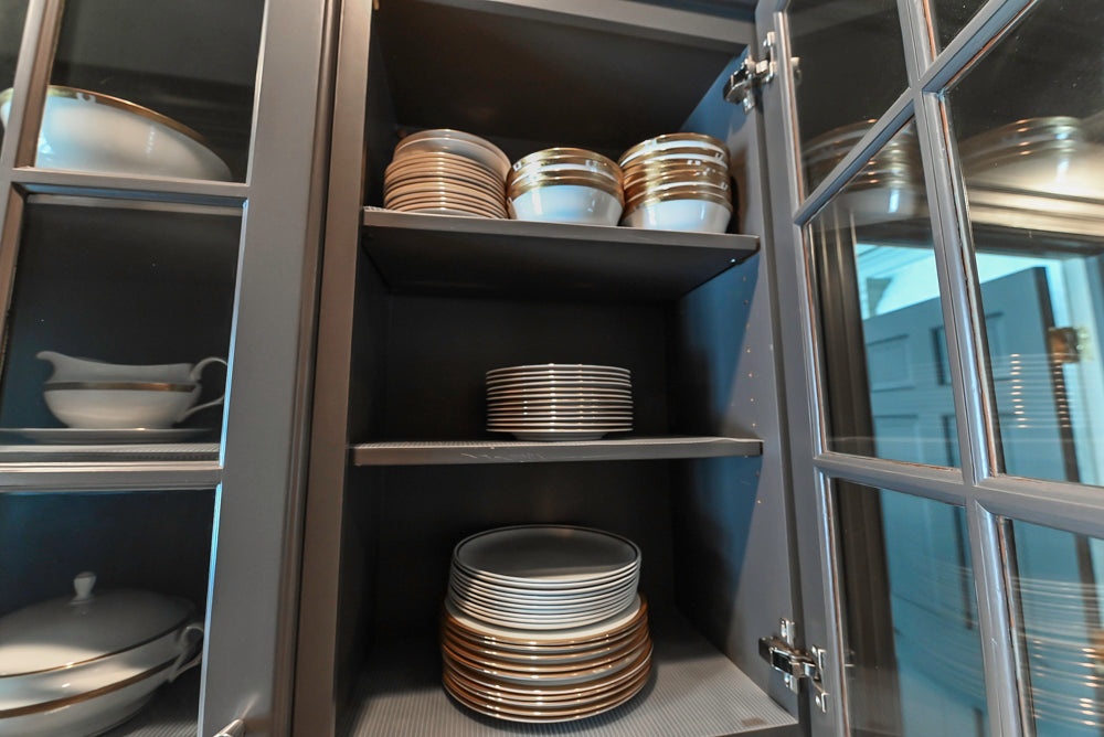 Custom Transitional Dark Grey Butler's Pantry with White Marble Countertops and Sink
