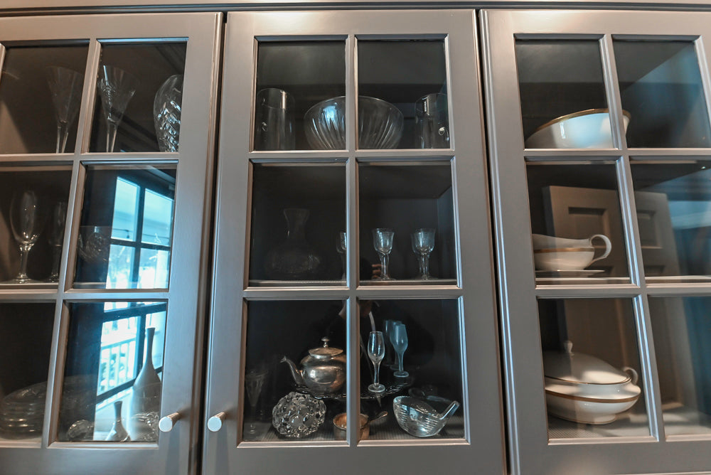 Custom Transitional Dark Grey Butler's Pantry with White Marble Countertops and Sink