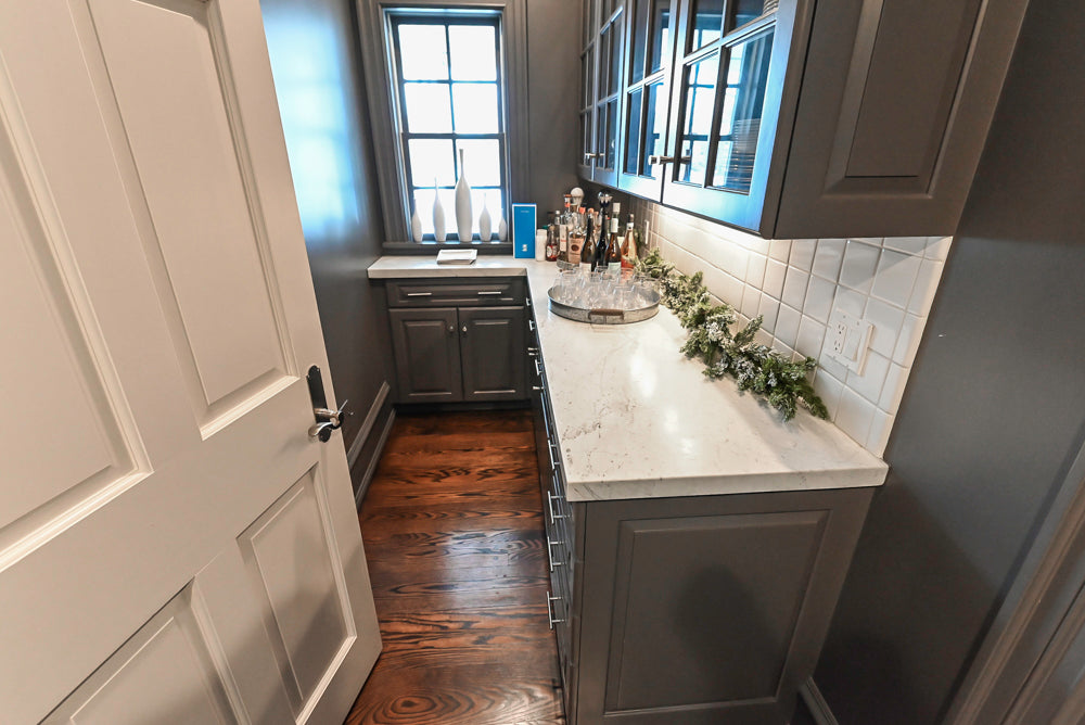 Custom Transitional Dark Grey Butler's Pantry with White Marble Countertops and Sink